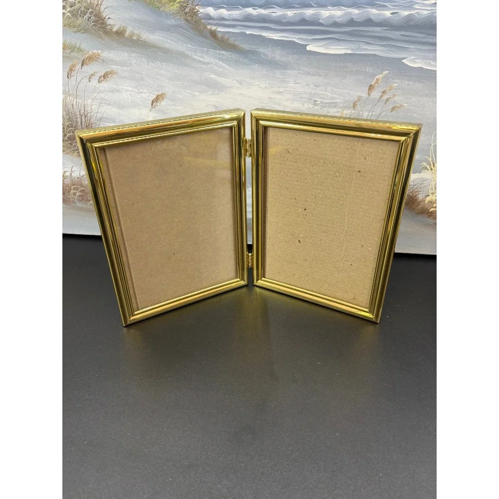 Gold Double Hinged Picture Frame 5x7 Beaded Metal Folding Tabletop Wall Mount